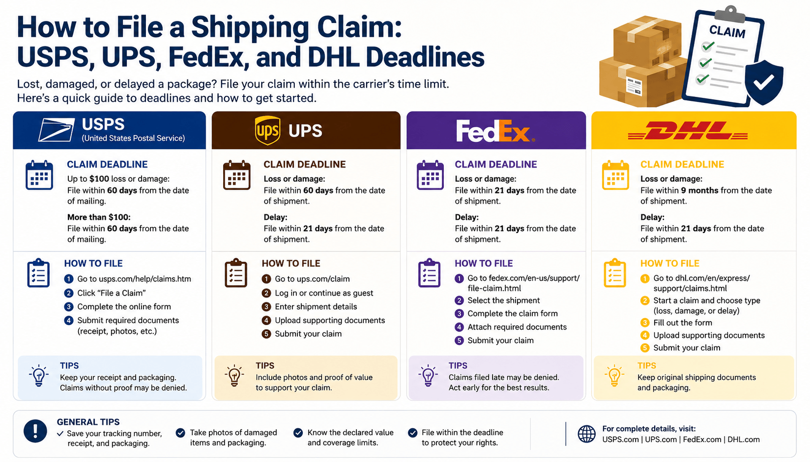 How to File a Shipping Claim: USPS, UPS, FedEx, and DHL Deadlines